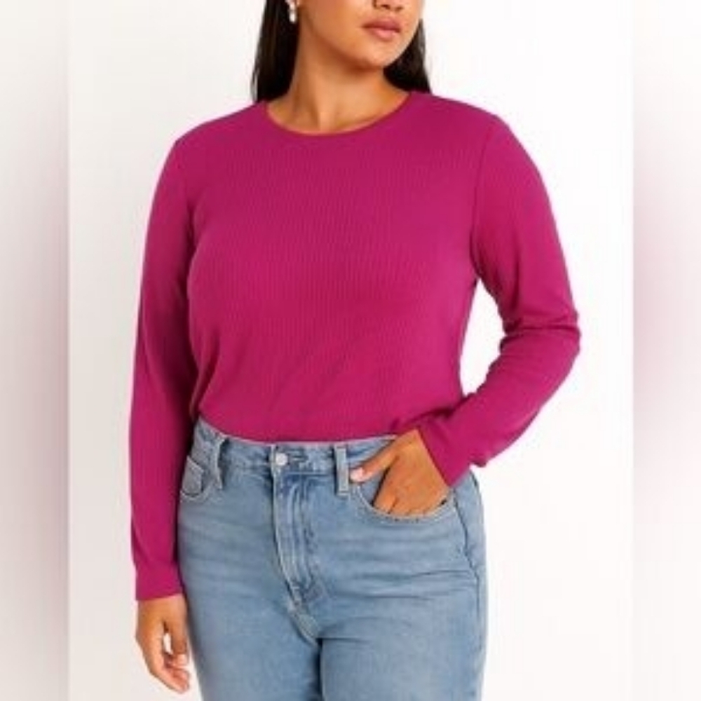 Splendid Pink Ribbed Long Sleeve Crew Neck Top Large